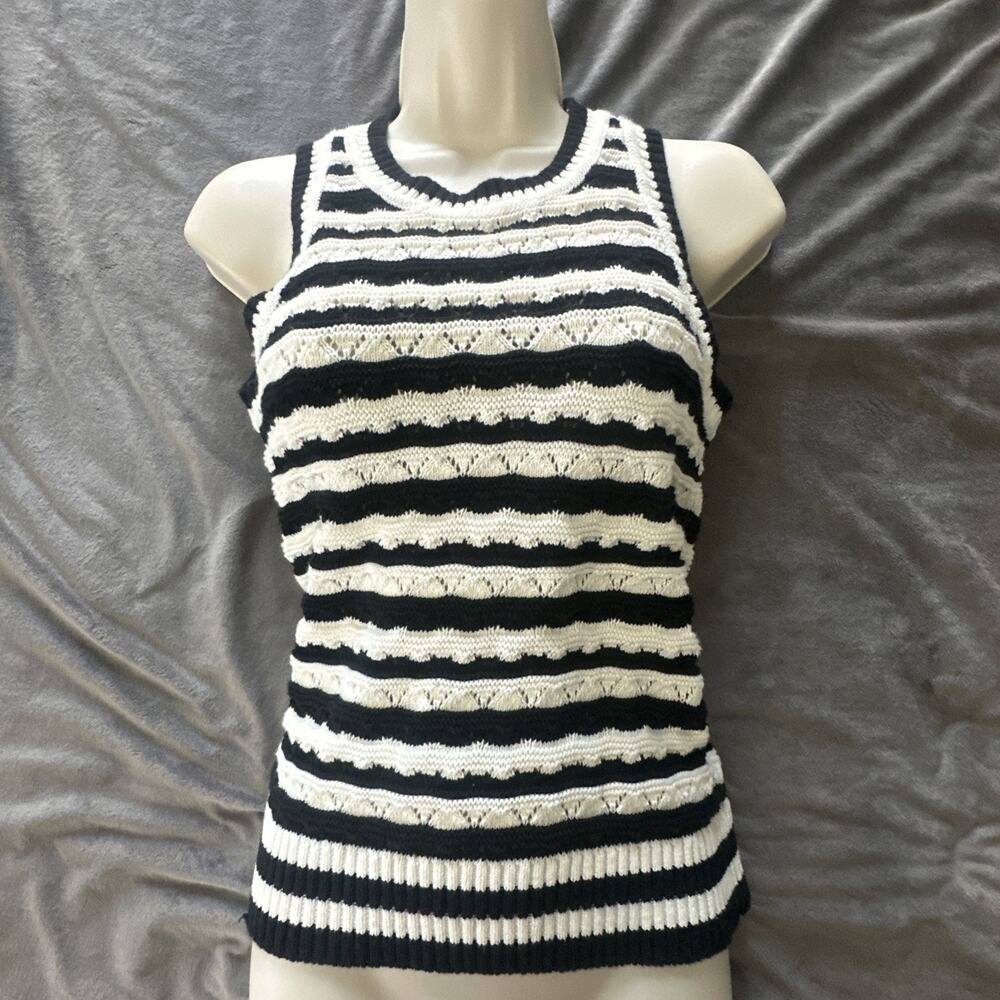 Elie Tahari Sweater Vest Womens *Small Black White Pointelle Preppy Coquette